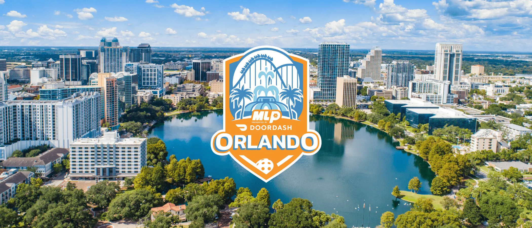 Orlando skyline with lake and Major League Pickleball logo.