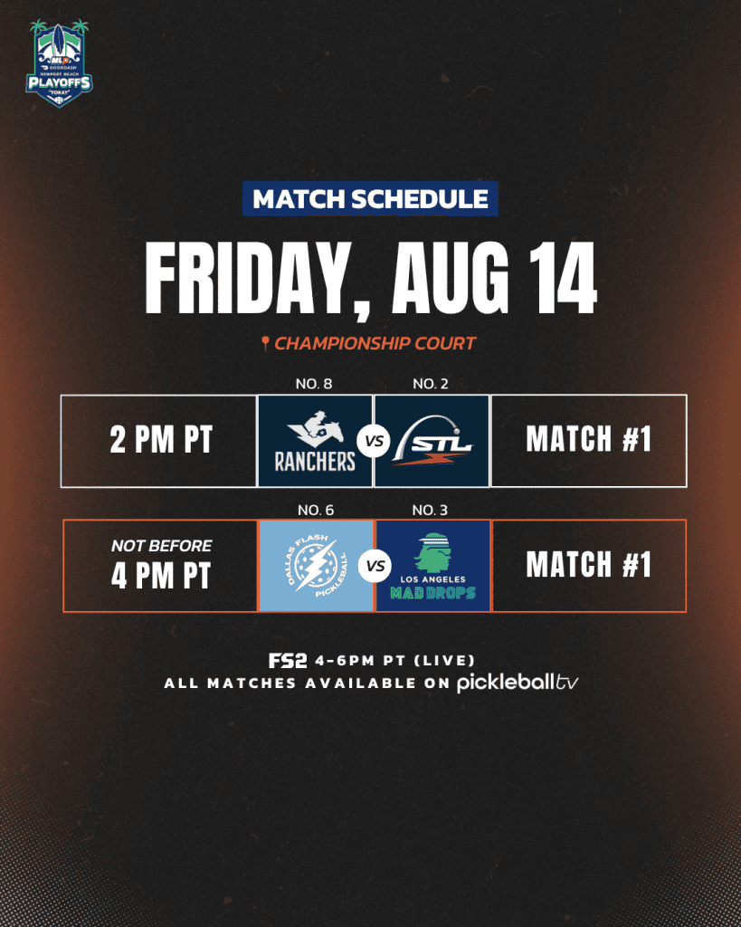Pickleball match schedule for August 14 at Major League Pickleball.