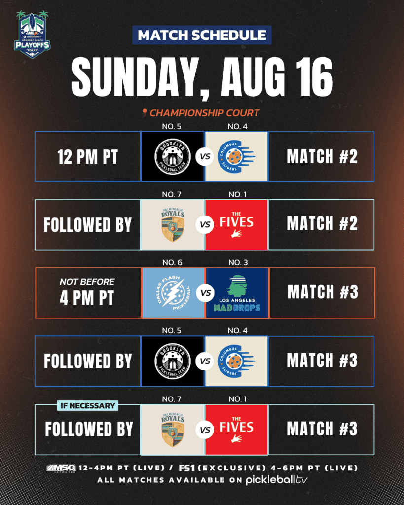 Pickleball match schedule for Major League Pickleball on August 16.