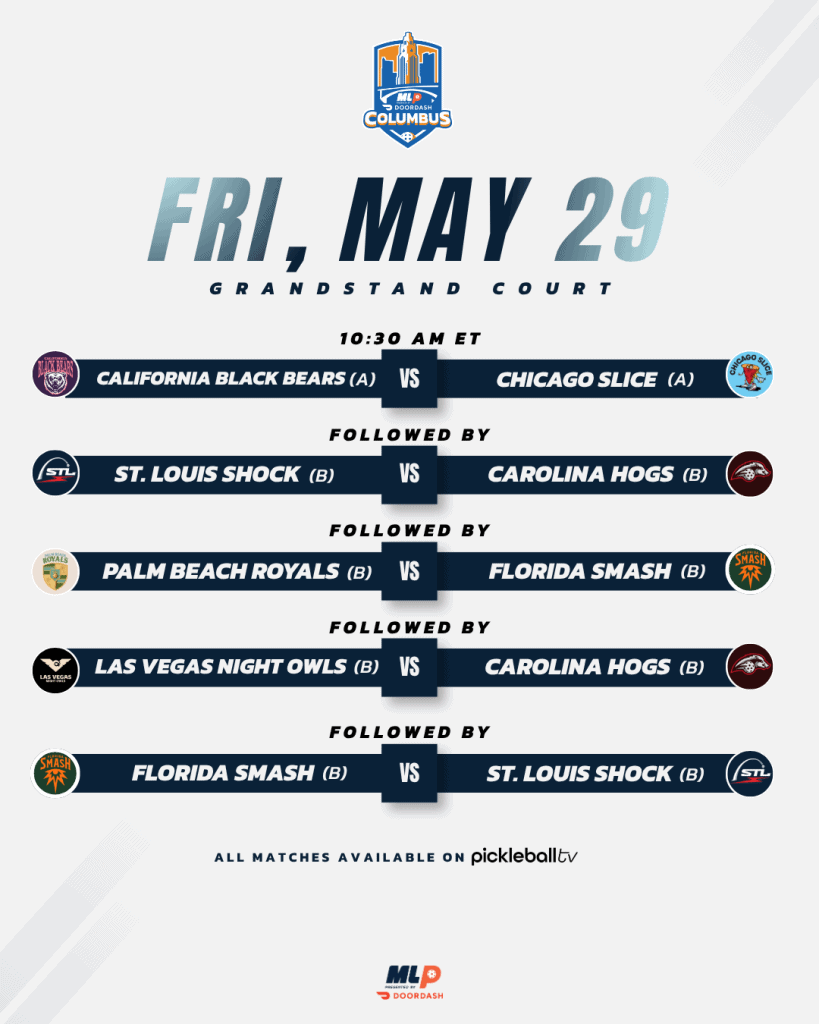 Major League Pickleball match schedule at Grandstand Court on May 29.