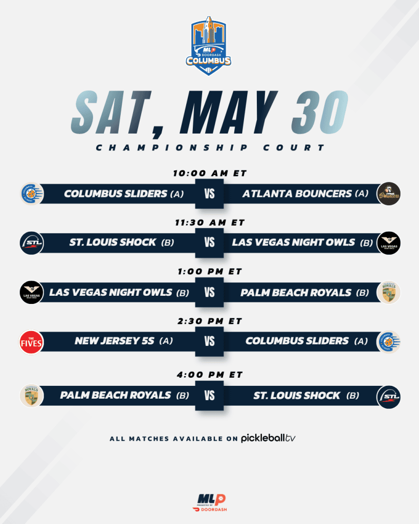 Major League Pickleball match schedule on Championship Court, May 30.