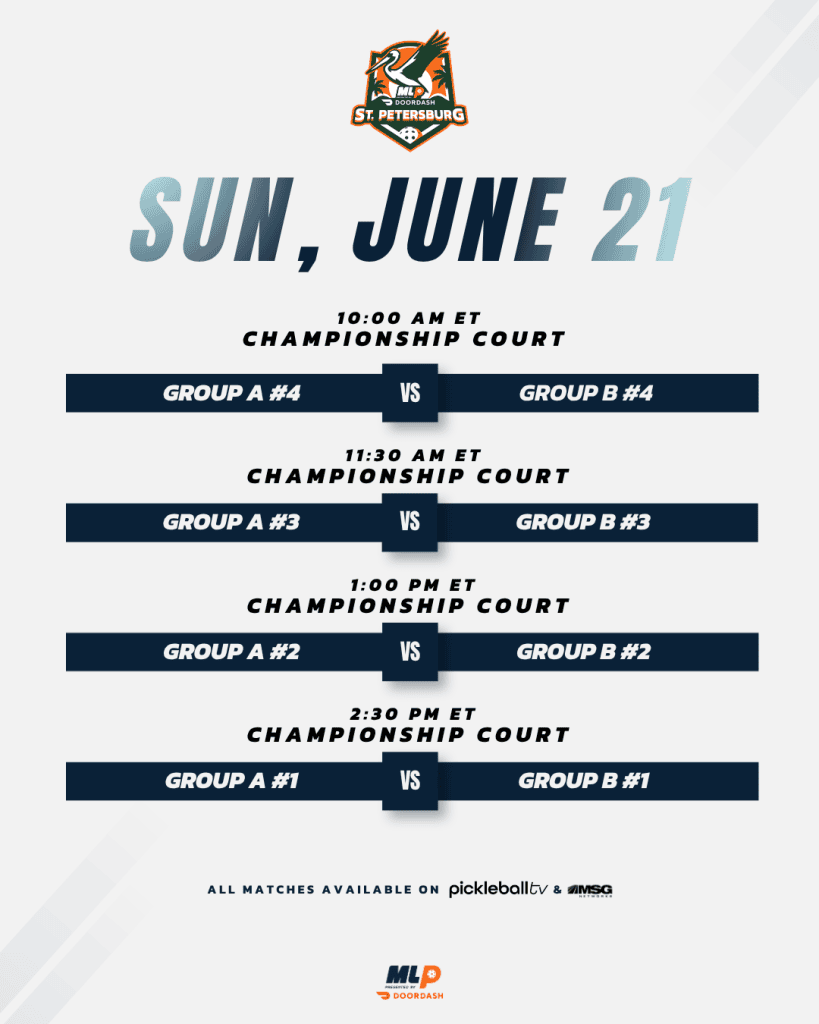 Major League Pickleball match schedule for June 21 at Championship Court.
