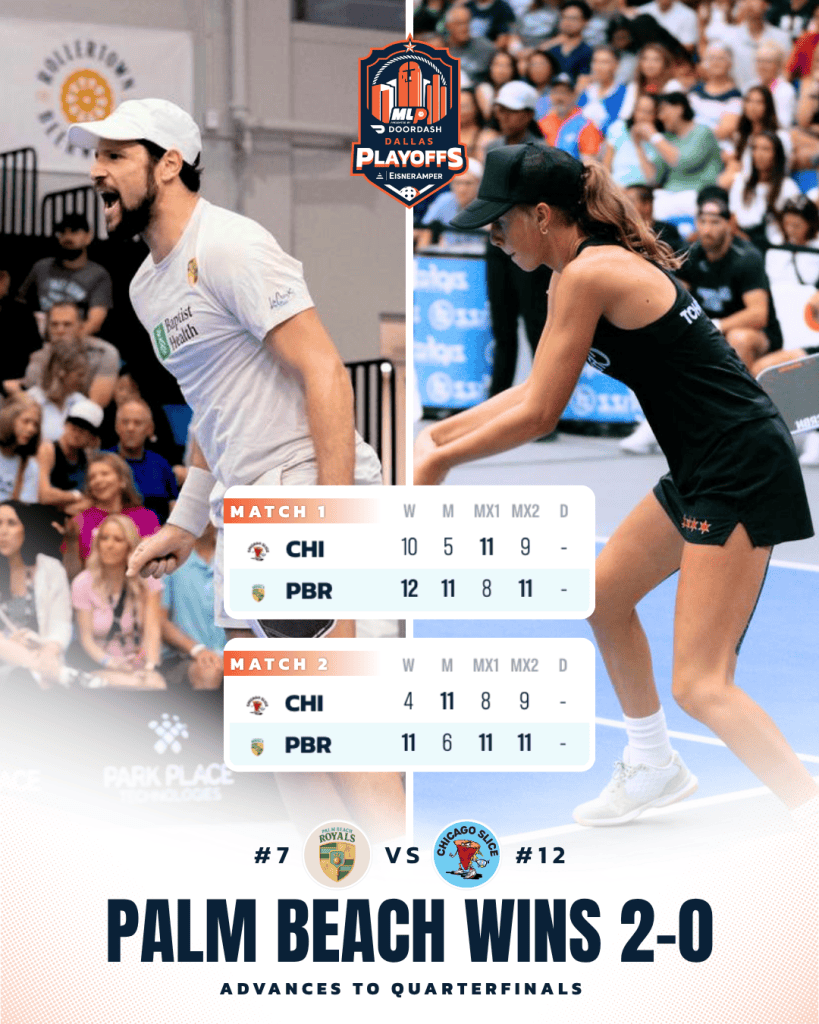 Pickleball players competing in Major League Pickleball playoffs.
