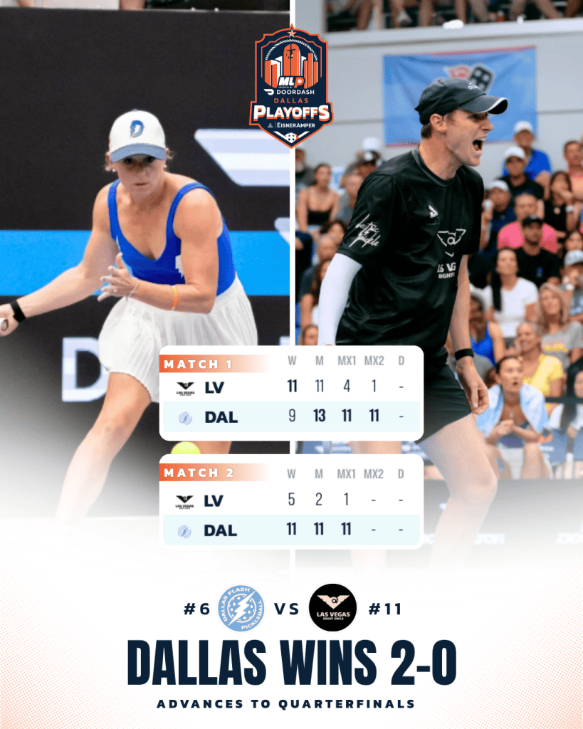Pickleball players competing in Major League Pickleball playoffs.