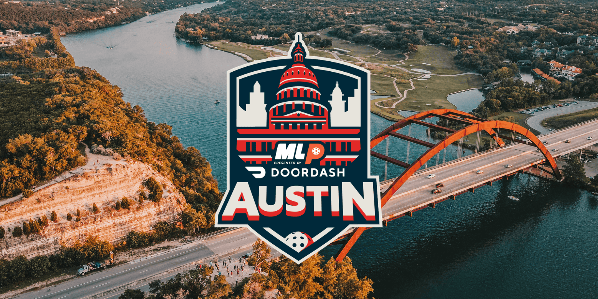 MLP Austin pickleball tournament aerial view with river and bridge.