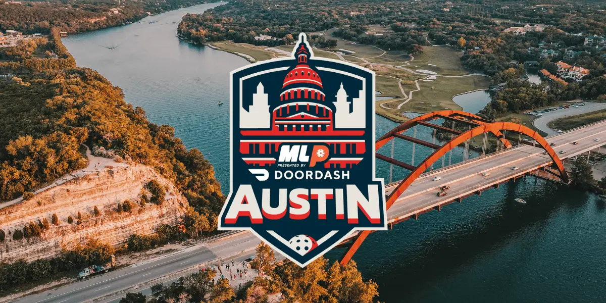 MLP Austin pickleball tournament aerial view with river and bridge.