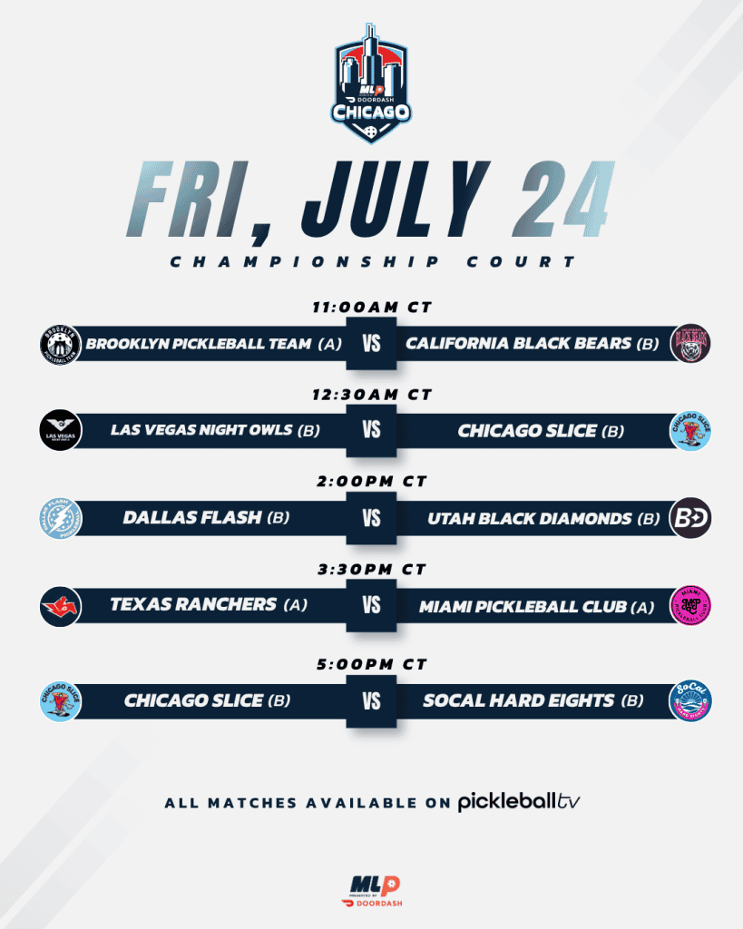 Schedule for Major League Pickleball matches on July 24 in Chicago.