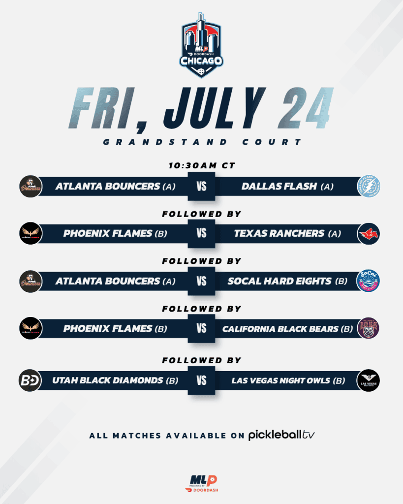 Major League Pickleball match schedule for Chicago on July 24 at Grandstand Court.