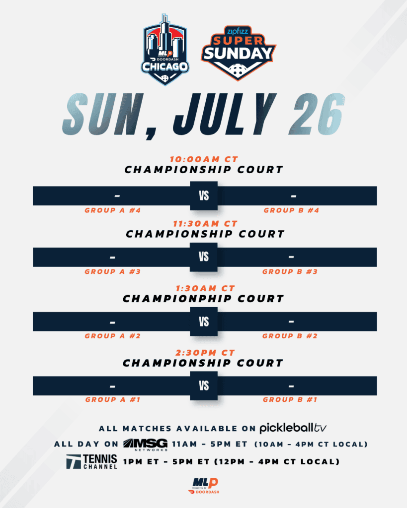 Pickleball tournament schedule for Major League Pickleball on July 26 in Chicago.
