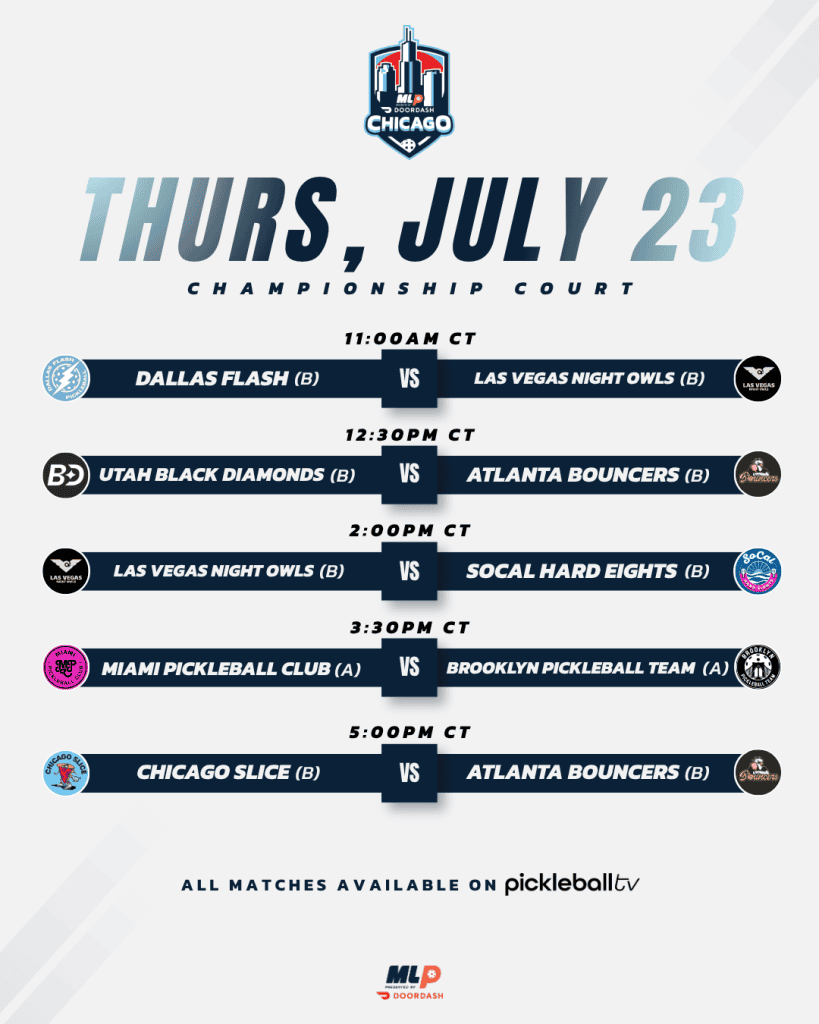 Schedule for Major League Pickleball matches on July 23 at Championship Court.