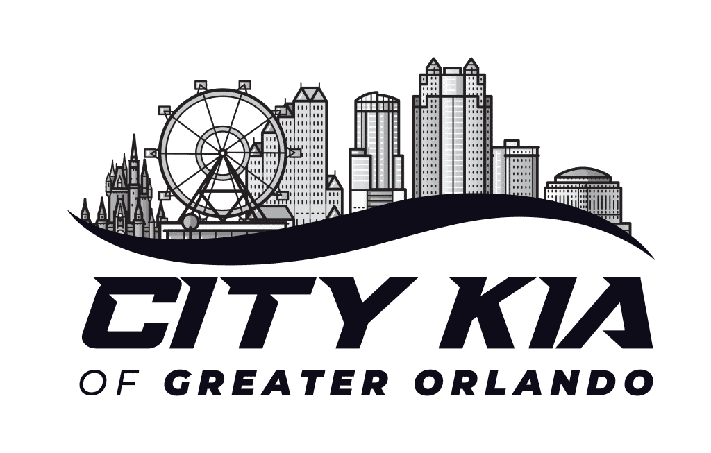 Orlando skyline with Ferris wheel and high-rise buildings.