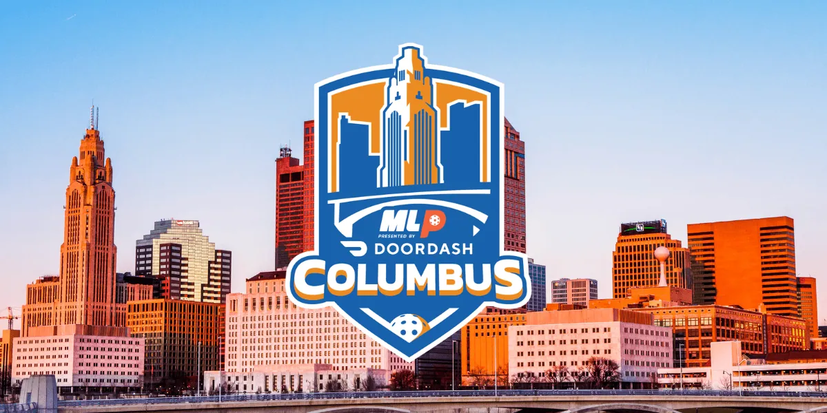 Major League Pickleball logo over Columbus city skyline at sunset.