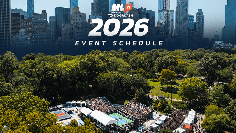 Major League Pickleball 2026 event schedule in a city park with courts and spectators.