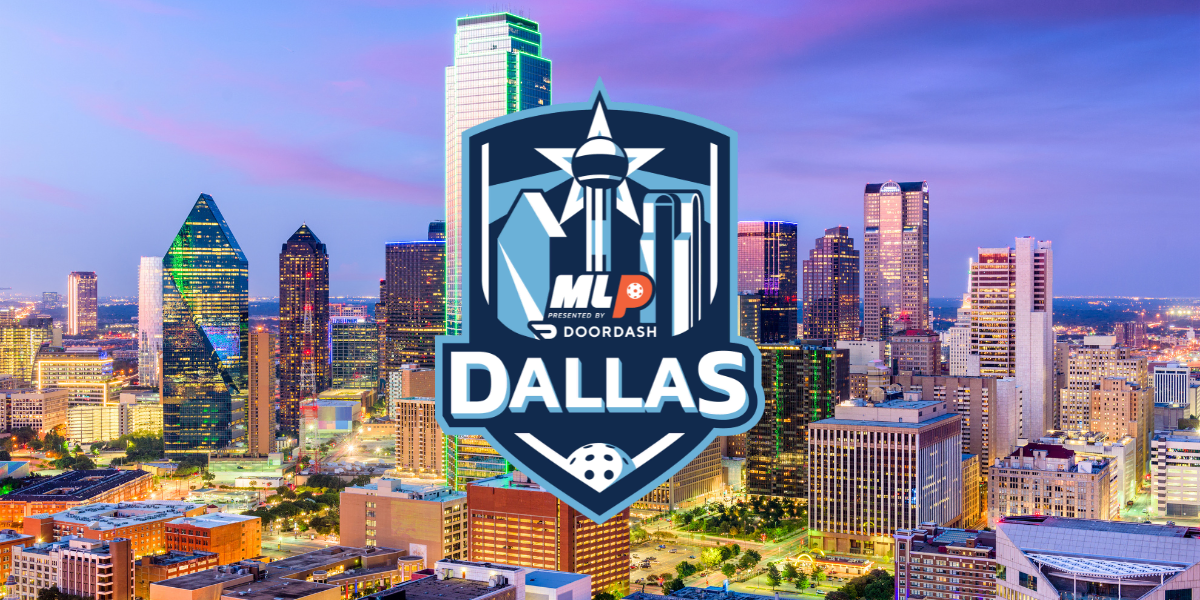 Major League Pickleball logo over Dallas city skyline at sunset.