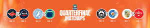 Quarterfinal matchups of Major League Pickleball with team logos and scores.