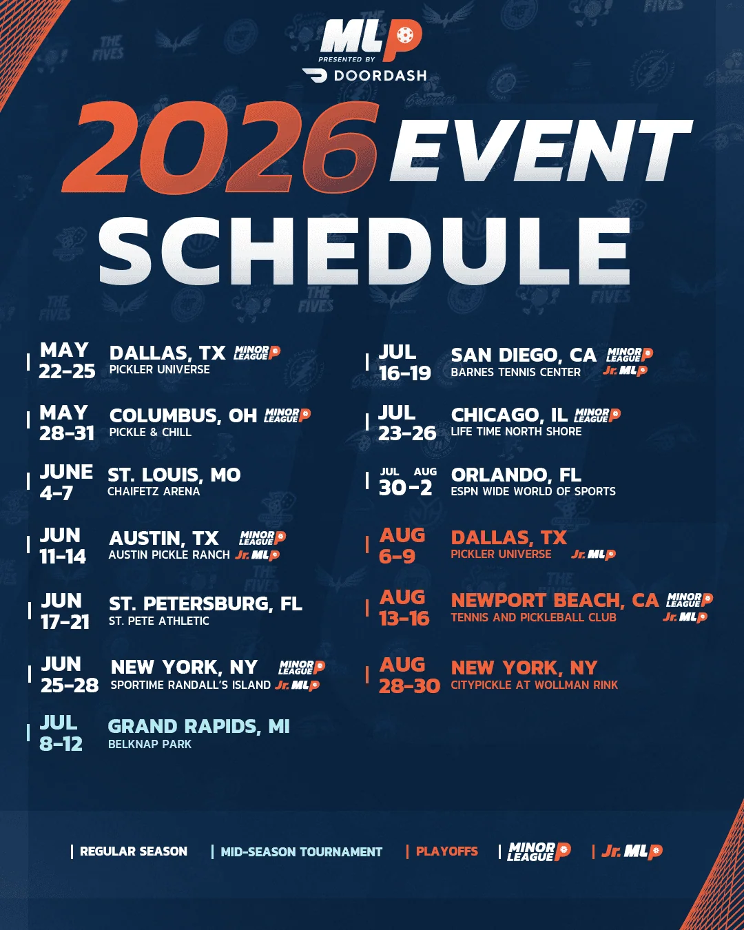 Event schedule for Major League Pickleball 2026 season.