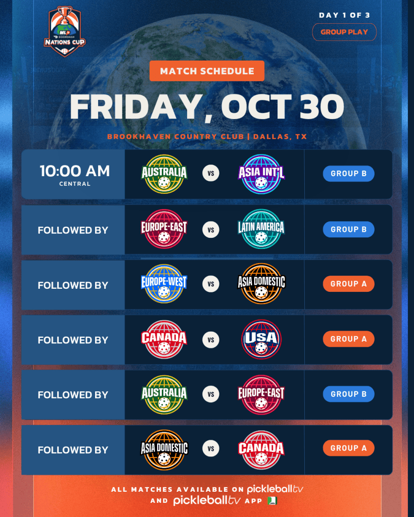Pickleball match schedule for Major League Pickleball on October 30 in Dallas, TX.