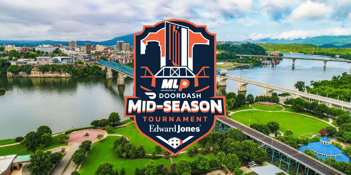 Mid-Season Pickleball Tournament logo over cityscape and river.