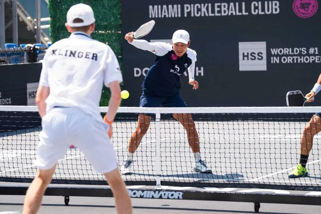 Pickleball players competing at Major League Pickleball event.