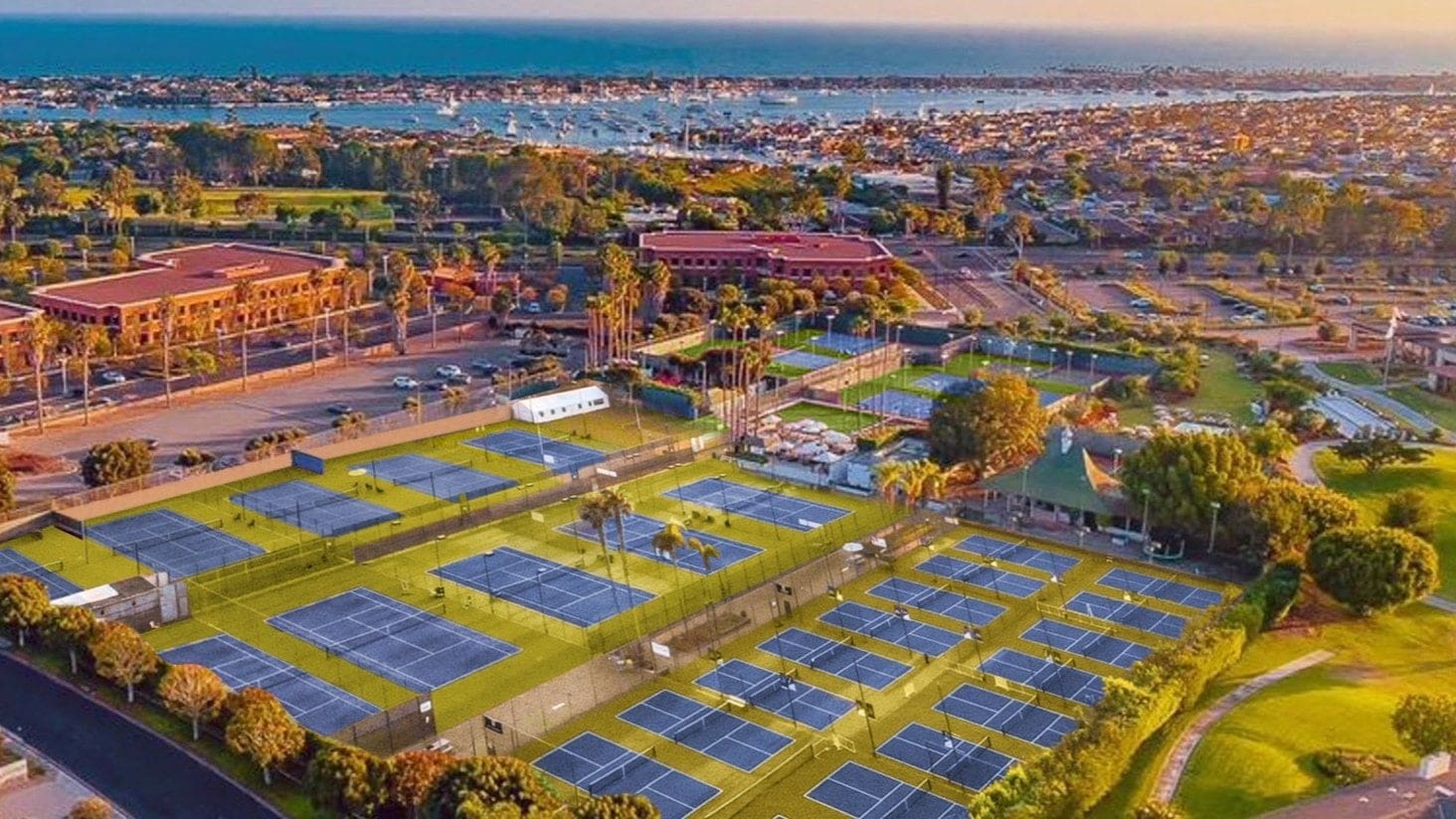 Pickleball courts at Major League Pickleball tournament venue.