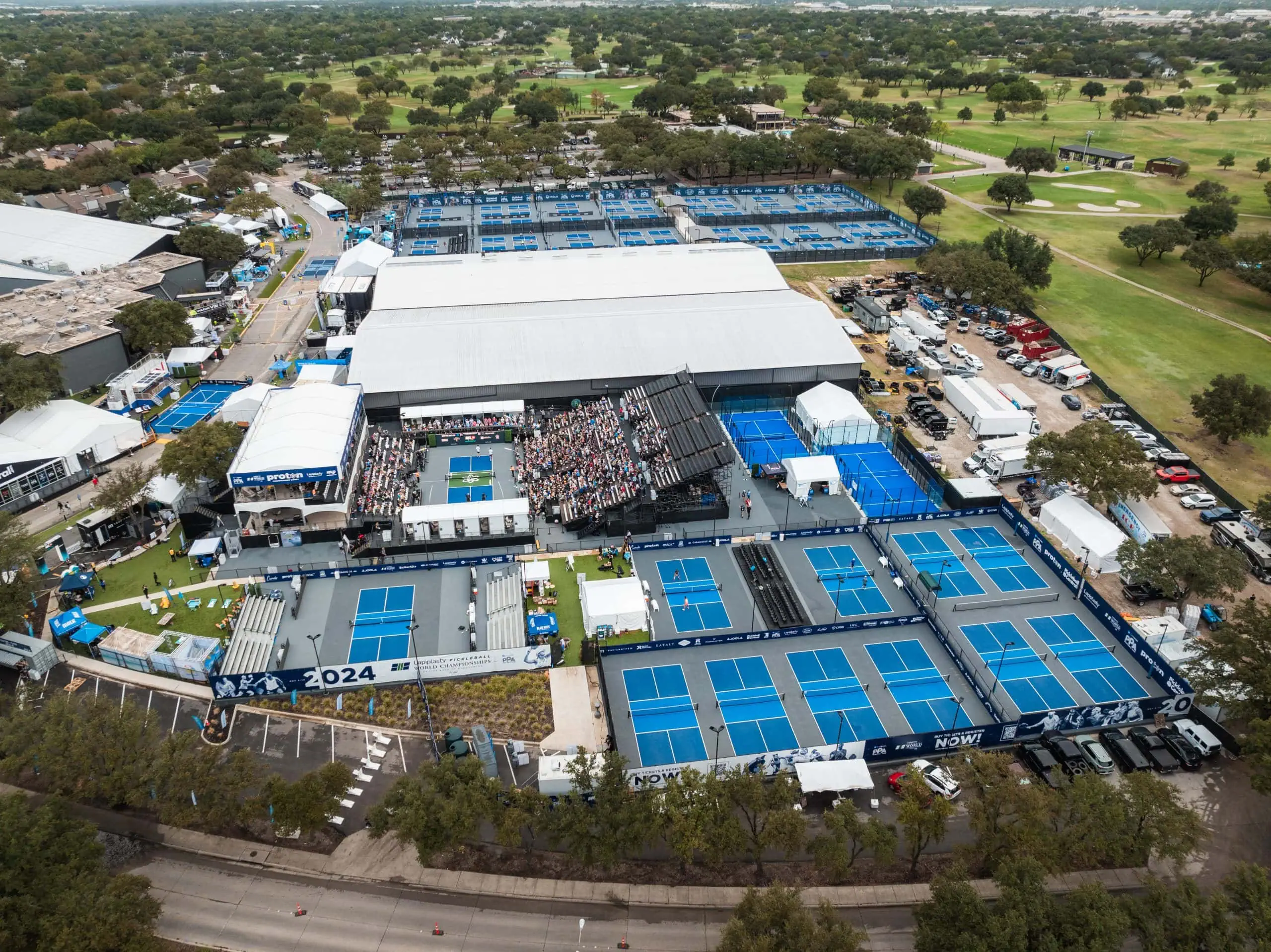 Outdoor pickleball courts at Major League Pickleball event.