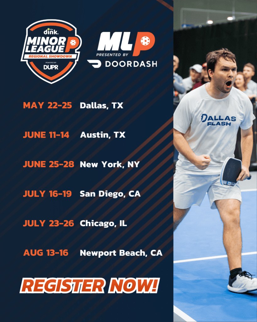Playful male pickleball player in action at Major League Pickleball event, wearing Dallas Flash shir.