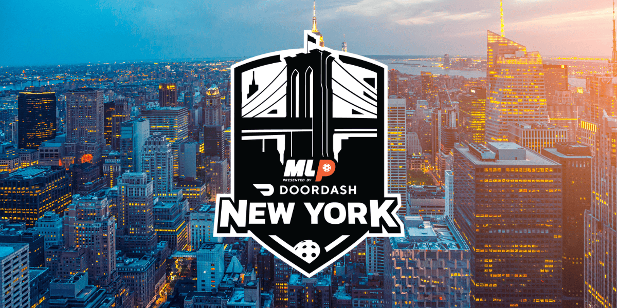 Major League Pickleball logo over New York City skyline at sunset.