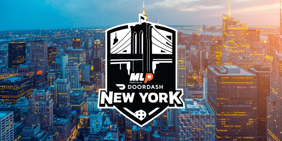 Major League Pickleball logo over New York City skyline at sunset.