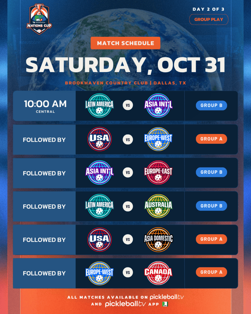 Pickleball match schedule for Major League Pickleball on October 31 in Dallas, TX.