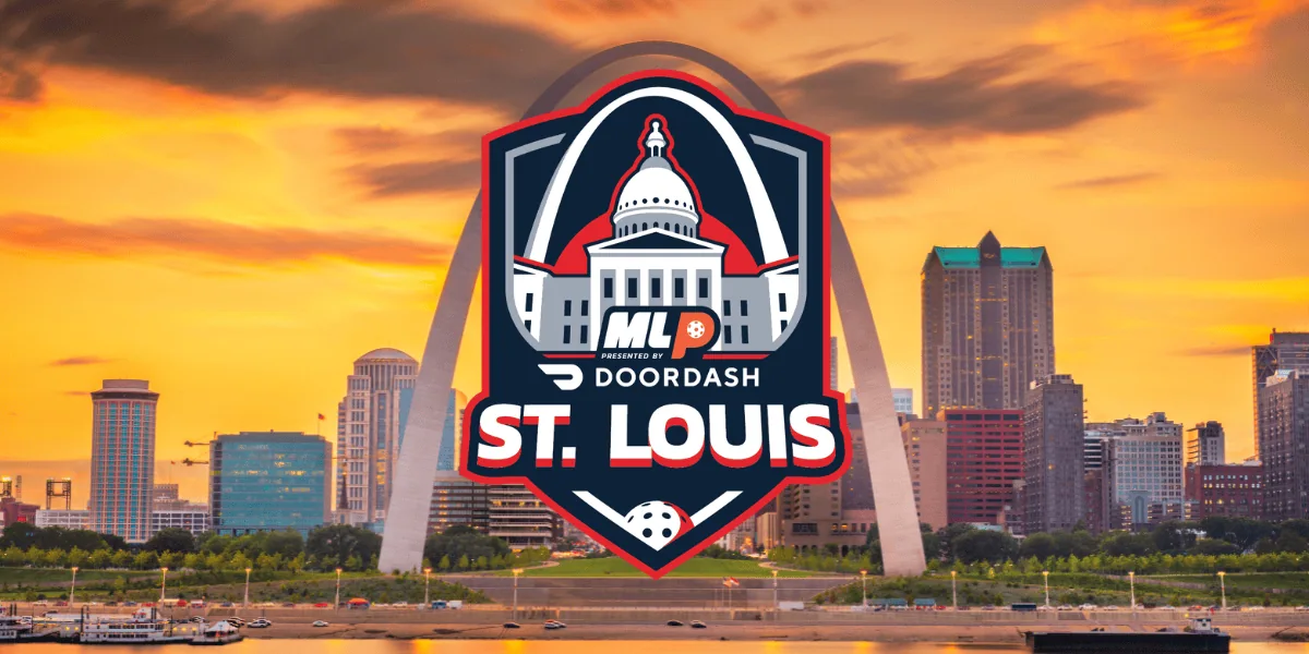 Major League Pickleball logo over St. Louis skyline at sunset.