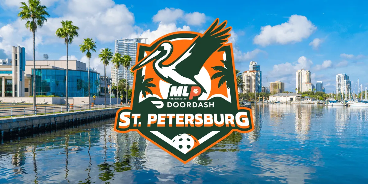 Major League Pickleball logo at St. Petersburg waterfront with city skyline.
