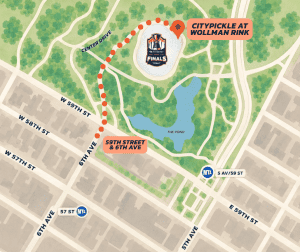 Map of Major League Pickleball finals at Wollman Rink with route and landmarks.