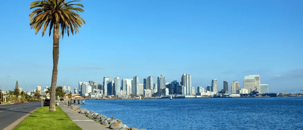 Downtown skyline with waterfront and palm trees, showcasing Major League Pickleball event.